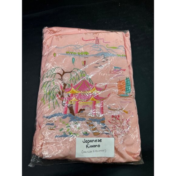 Vintage Longerty Japanese Kimono One Size Fits Most Embroidered Pink Robe